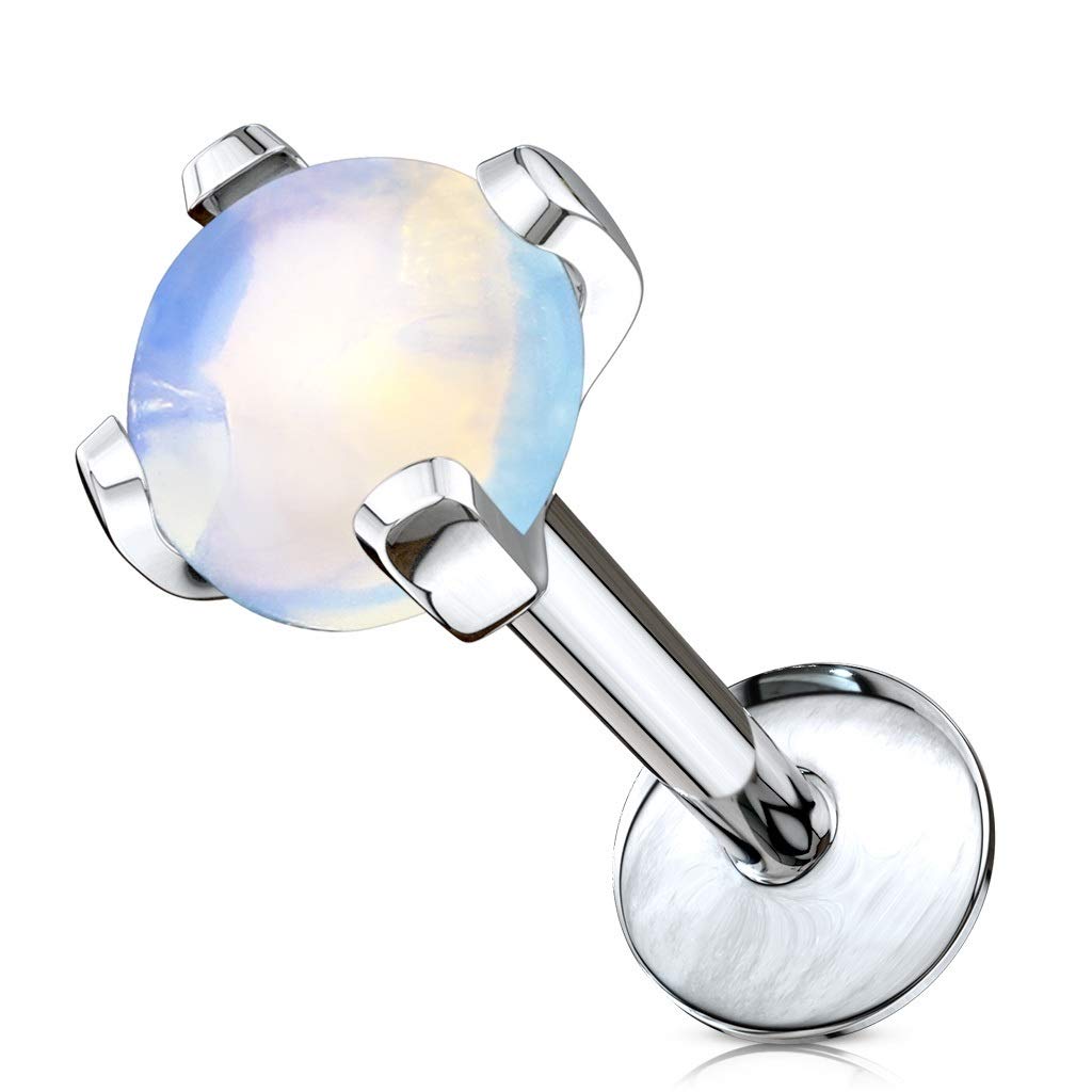 PiercedOff 316L Surgical Steel Labret with Semi Precious Internally Threaded Opalite Stone Stud - Thickness 16GA (1.2mm) Length 6mm / Ball Size 4mm