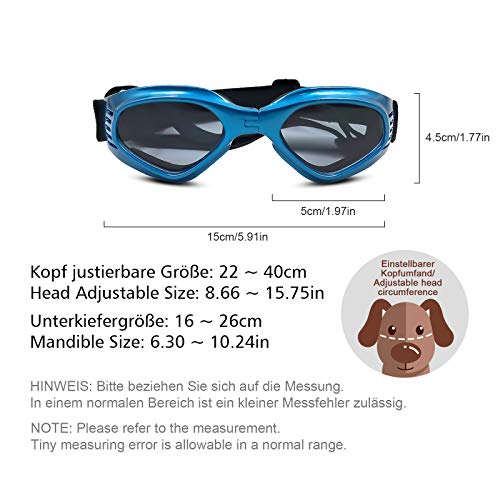 HALAWAKA hond zonnebril hond bril waterdichte winddichte uv-bescherming verstelbare riem voor reizen skiën en anti-mist hond sneeuw bril, M-suitable for dogs of 7.5-15KG, Blauw