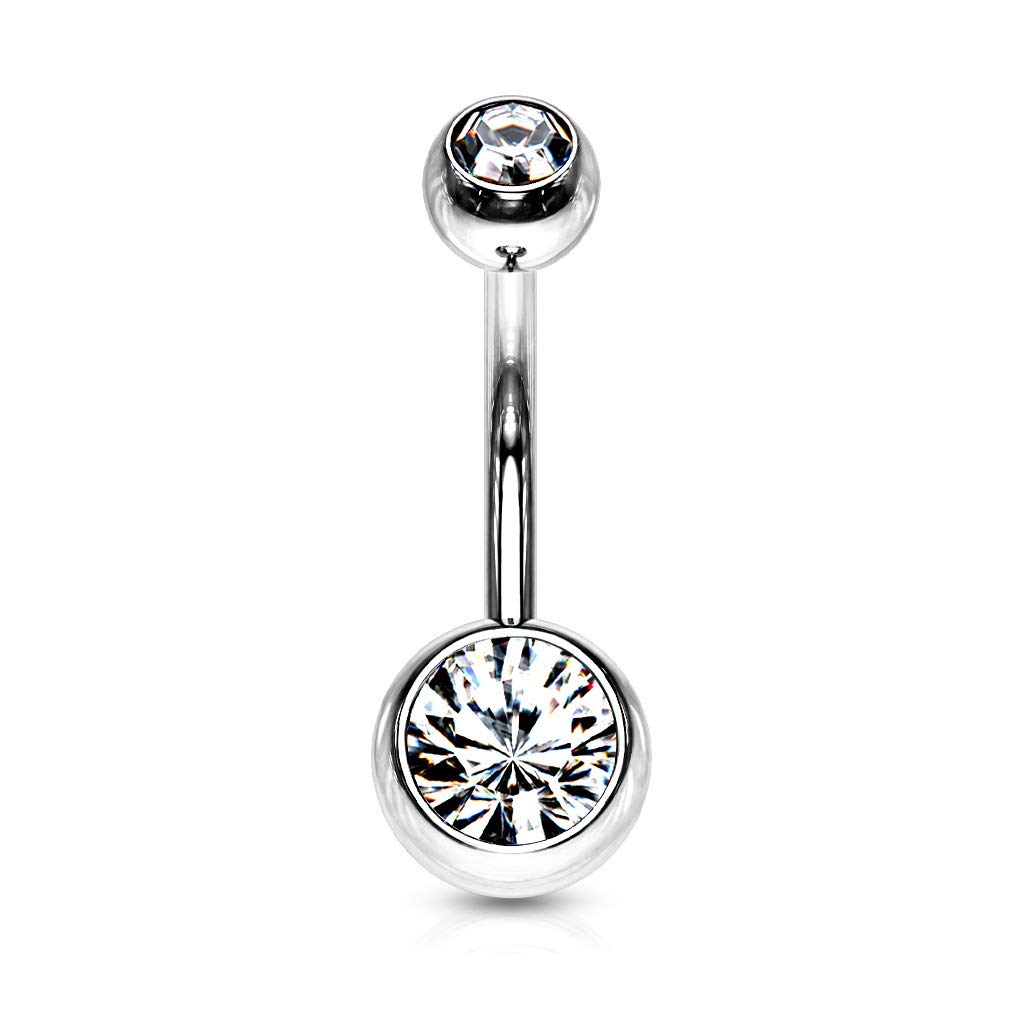 PiercedOff 316L Surgical Steel Belly Bar with Internally Threaded Clear CZ Gem Balls - Bar Thickness 14GA (1.6mm) / Bar Length 12mm / Ball Sizes 5mm Top and 8mm Bottom