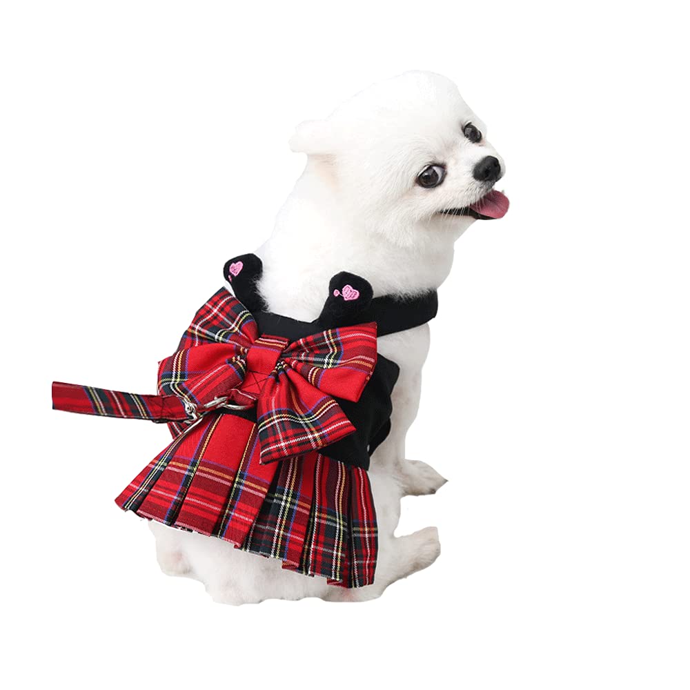 Dog Harnesses with Leash Set,Soft Pet Plaid Princess Dresses Sweetie Bowknot Puppy Check Skirt with Pink Love Dress Harness for Small Medium Girl Dogs Cats (Red, M)