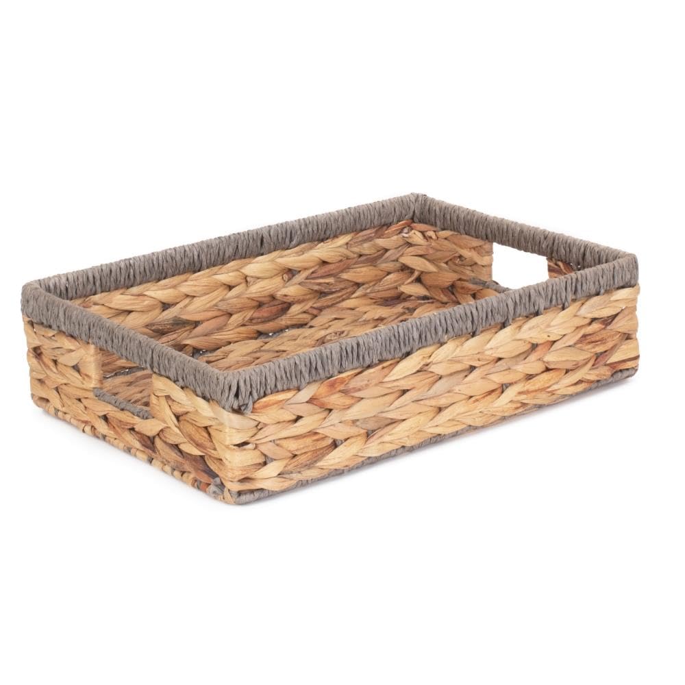 Red Hamper Medium Shallow Rectangular Water Hyacinth with Grey Rope Border Storage Basket, Brown