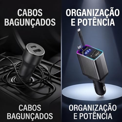 Carregador Veicular Premium Retrátil 4 em 1 | Carregamento Turbo 120W com Cabos Integrados | USB e USB-C | Tela LED Digital | Compatível com Android e iPhone | 12V/24V