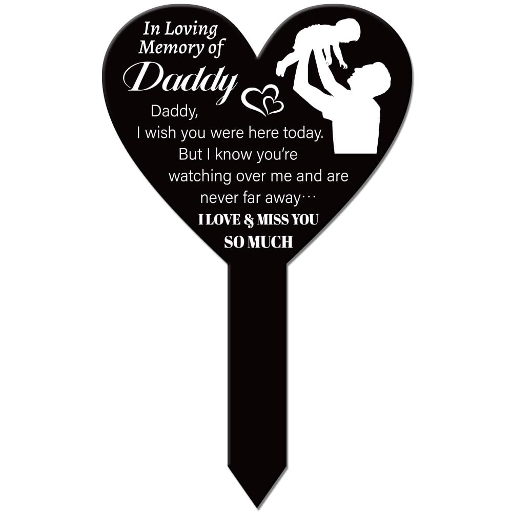 Photo 1 of GLOBLELAND Heart Shaped Garden Stake Memorial Dad Remembrance Plaque Stakes for Cemetery Acrylic Waterproof Sympathy Garden Stake for Yard Grave Cemetery