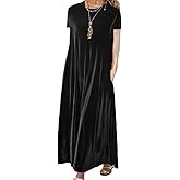 Zhyaj Velvet Long Sleeve Maxi Dress for Women Fall Wedding Guest Cocktail Dresses Loose Fit Crew Neck Flowy Plus Size
