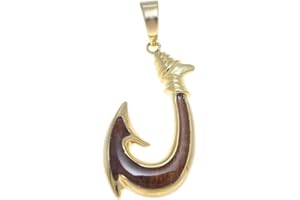 Arthur's Jewelry Koa Wood Hawaiian Wave Fish Hook Yellow Gold Plated Brass Reversible Pendant