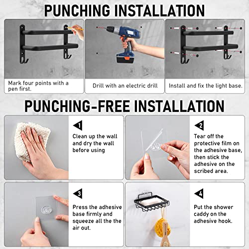 Shower Bathroom Caddy, 2 Packs Shower Shelf Organizer Wall Mounted - Adhesive Shower Racks with Soap Holder Tower Bar for Bath, Kitchen, Toilet - Stainless Steel No Drilling - Black