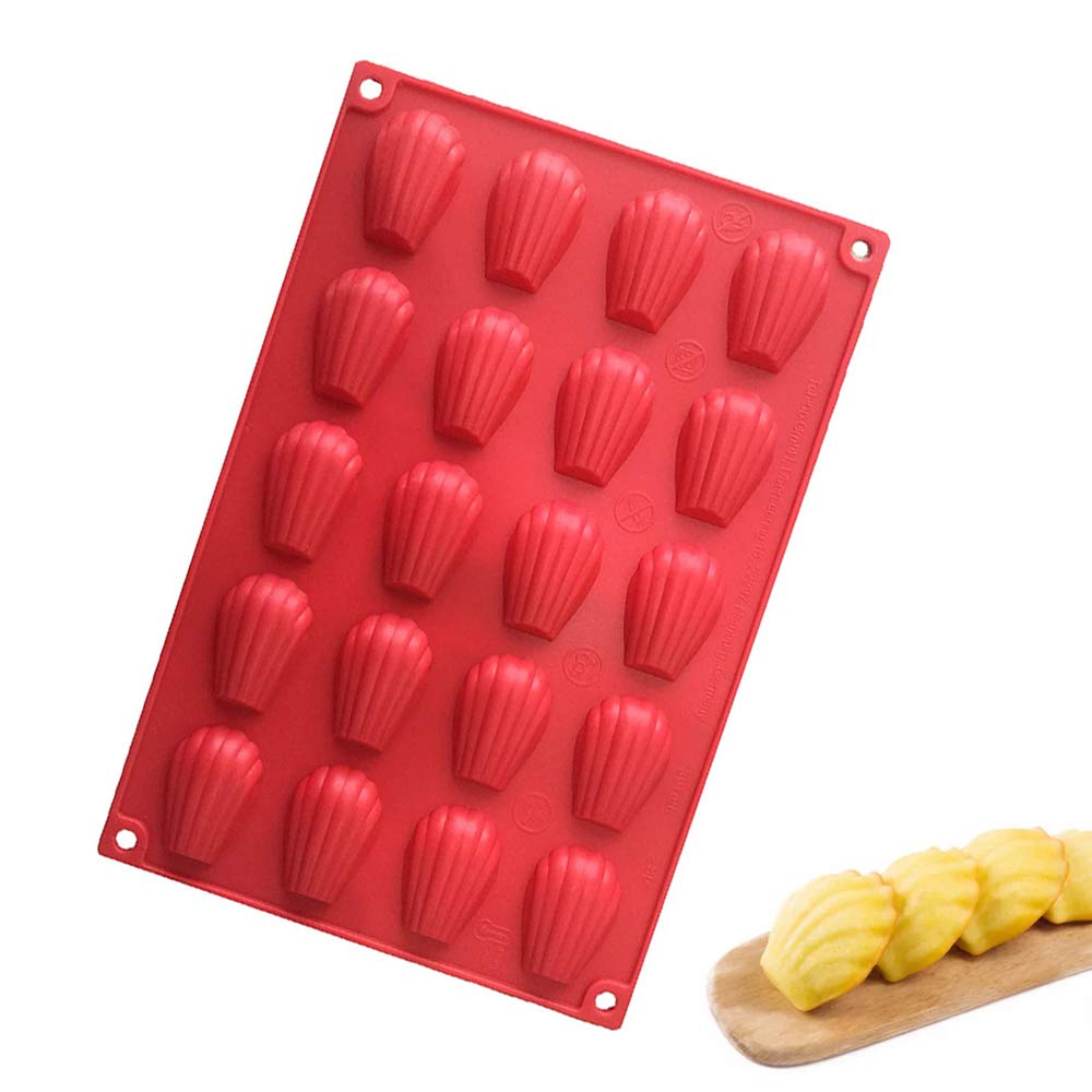 Cosswe Mini Madeleine Baking Moulds, Silicone Cake Mould, Shell Shaped Baking Mould, Madeleine Baking Mould, 20 Holes with Non-Stick Coating for Cakes, Chocolate, Sweets and Biscuits, Red