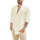 Makkrom Men Linen Shirt Button Down Long Sleeve Cotton Beach Band Collar Casual Summer Shirts