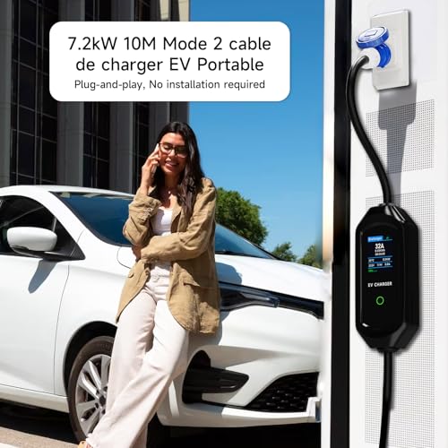 Type 2 Electric Car Charging Cable, 7.2 kW/6-32A/10M Mobile Wallbox with App, Portable Schuko Charging Cable, 1-15H Timer Function and IP65 for EV PHEV IEC 62196-2