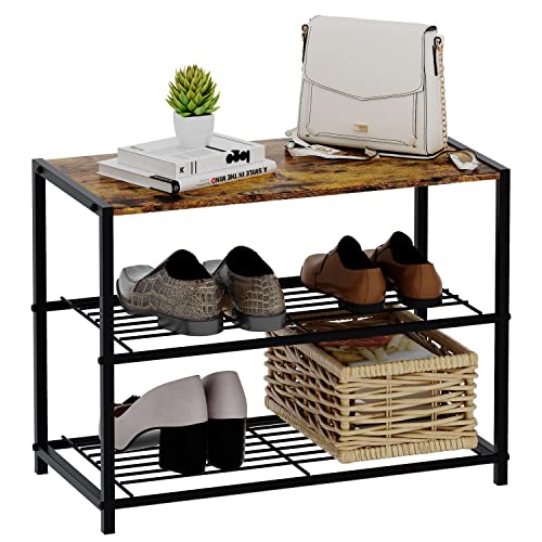 Gadroad 3Tier Shoe Rack,Black Metal Shoe Rack with Wooden Top Board,Modern Shoe Storage