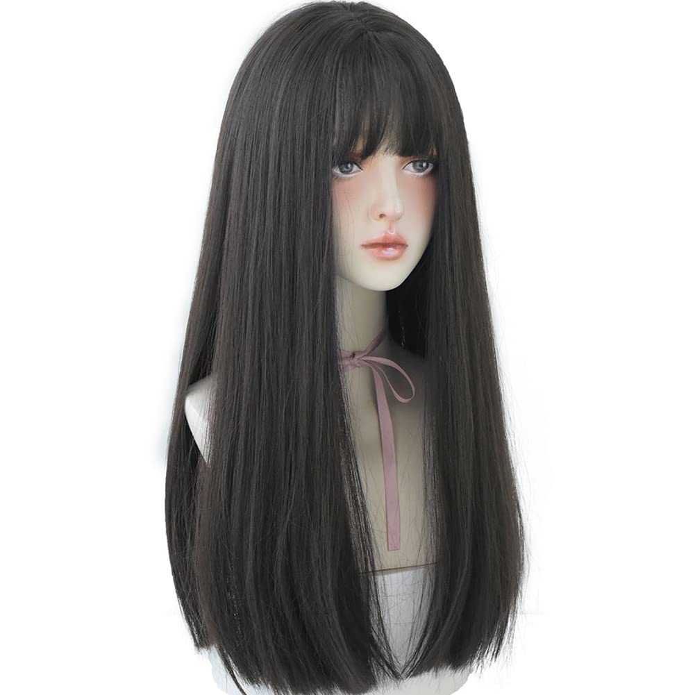 Photo 1 of URCGTSA 22 Inches long Hair Wig for Women Black Synthetic Hair Natural Long Straight Wig With Bangs Party Cosplay Wig for Girl (Black brown)