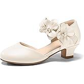 Coutgo Girls Dress Shoes Closed Toe Low Chunky Heels Flower Slip On Party Princess Pumps for Toddler Little Big Kids