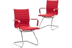 Wahson Office Guest Chairs No Wheels & Reception Chairs, Leather Waiting Room Chairs Mid Back Conference Chairs with Sled Base for Meeting/Lobby/Restroom, Dark Red (2 Pack)
