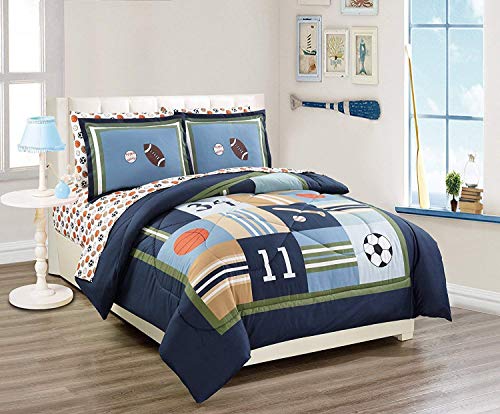 Elegant Home Multicolor Sports Basketball Baseball Soccer Football Design 5 Piece Twin Size Comforter Bedding Set for Boys/Kids Bed in a Bag with Sheet Set # Sports Navy (Twin Size)