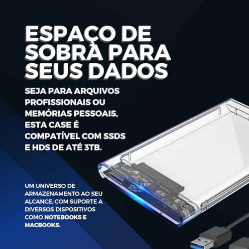 Case Externa 2.5" Alta Velocidade USB 3.0 e Sata 3, Transmissão 6Gbps, Suporte até 3TB, Design Transparente