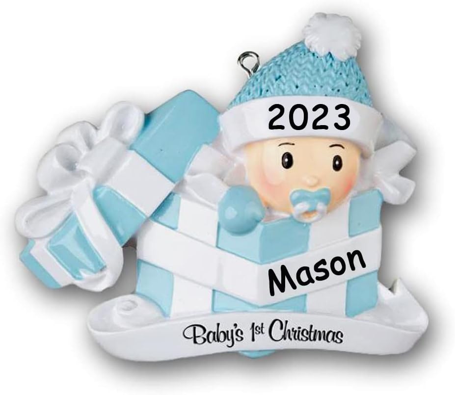 Ornaments - Personalized 2023 Baby's First Christmas Ornament Gift - Baby Boy in Blue Gift Box - Custom Name and Date
