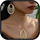 sunglnl Necklace And Earring Sets For Women, Gold Chunky Charm Necklaces Three Layer Circle Pendant Bohemian Metallic Style Jewelry Gift