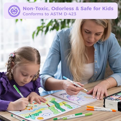 Ohuhu Marcadores para colorear a base de agua, aptos para papel, 60 colores, punta fina de pincel doble, para libros de colorear para adultos, marcadores de arte sin sangrado, para