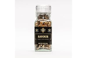 Fabulous Foodie Savour - Herbs, Himalayan Salt, Peppercorns, Garlic, and Onion Fancy Spicy Blend - Luxury Glass Grinder - Pairs Perfectly with Meats, Vegetables, & Fish Dishes - 4oz (113g)