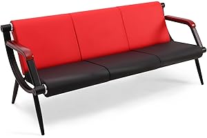 Walmokid Waiting Room Bench with Wooden Armrest, PU Leather Office Furniture, Lobby Conference Reception Bench, Office Guest Seating for Clinic,Airport,Hospital,Barber,Salon,Bank(Red&Black, 2)