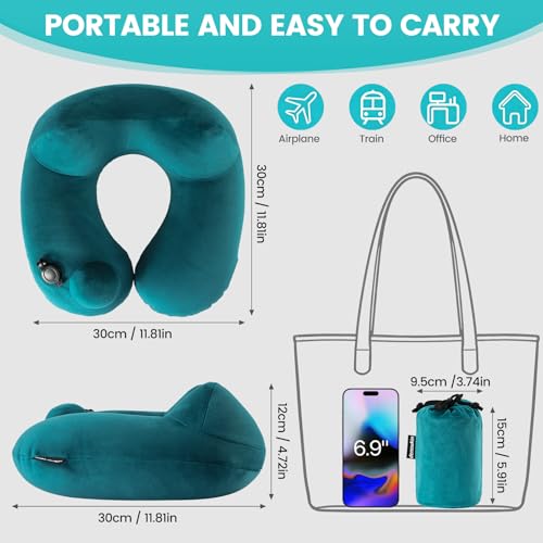 denoukin Inflatable Neck Pillow for Travel with Built-in Pump, Ergonomic Contour Support, Soft Plush Cover & Carry Pouch, Compact for Airplane, Car, Train Sleeping, Lake Blue