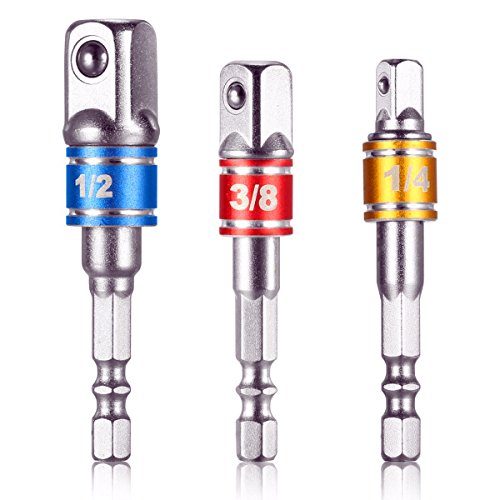 Tools Impact Socket Adapter Set 3pcs Joint Socket 1/4 3/8 1/2 In Hand Power Wrench Ratchet Drill Adapter/Extension Set Turns Power Drill Into High Speed Nut Driver (Color)