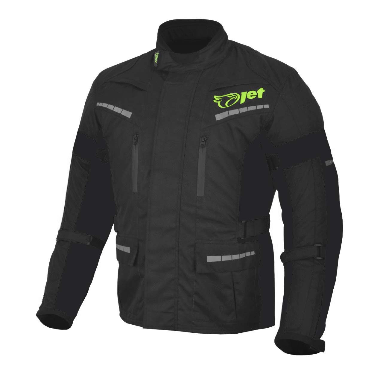 Jet Black Fluro Textile Motorcycle Motorbike Jacket Waterproof CE Armoured (Full Black, Medium (38" - 40"))
