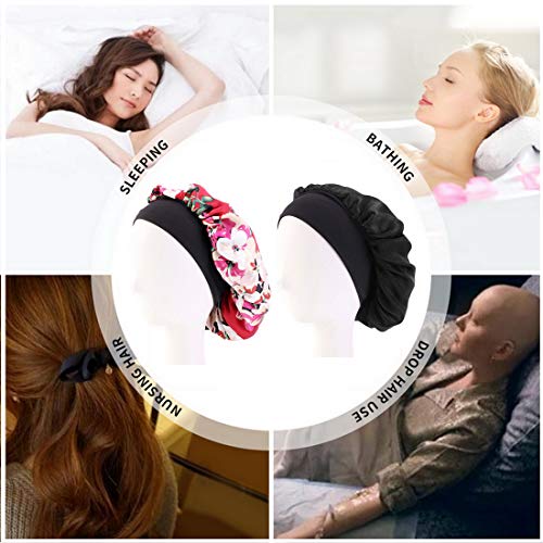 Satin Bonnet Sleeping Cap Women Wide Elastic Band for Curly Long Hair 2pcs (Black+Wine Red)