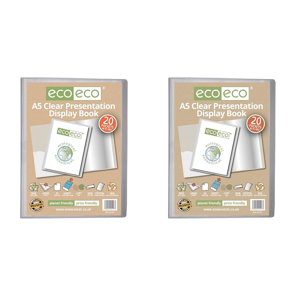eco-eco A5 Size 50 Percent Recycled 20 Pocket Clear Presentation Display Book, Storage Case Portfolio Art Folder with Plastic Sleeves, eco127 (Pack of 2)