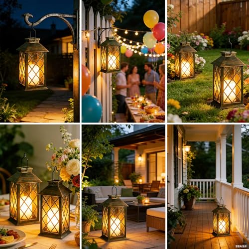 Joycome Outdoor Lanterns 2 Pieces Solar Garden Lantern with Flickering Candles, Solar Lamp Hanging Waterproof Table Lamps for Terrace Balcony Decorations – Copper