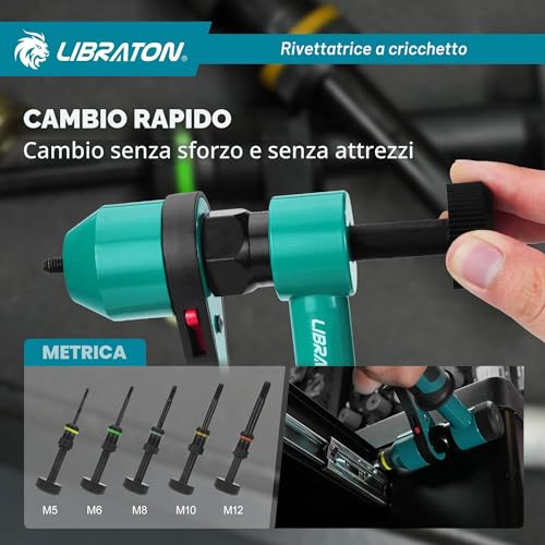 LIBRATON Riveter for Threaded Inserts, Hand Riveter Threaded Inserts, Ratchet Threaded Riveter, Pliers Threaded Riveter with 5 Metric Spindles, 5 Nozzles, 50 Rivets Nuts, Box