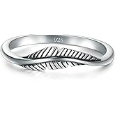 BORUO 925 Sterling Silver Ring, Feather Ring Size 4-12