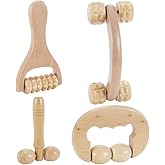 AHANDMAKER 4Pcs Massage Tool Set 4 Styles Wooden Gua Sha Tool, T-Shape Massage Roller, Therapy Trigger Point Massage Tool for Body, Face, Shoulder, Arm, Leg, Foot, Almond White