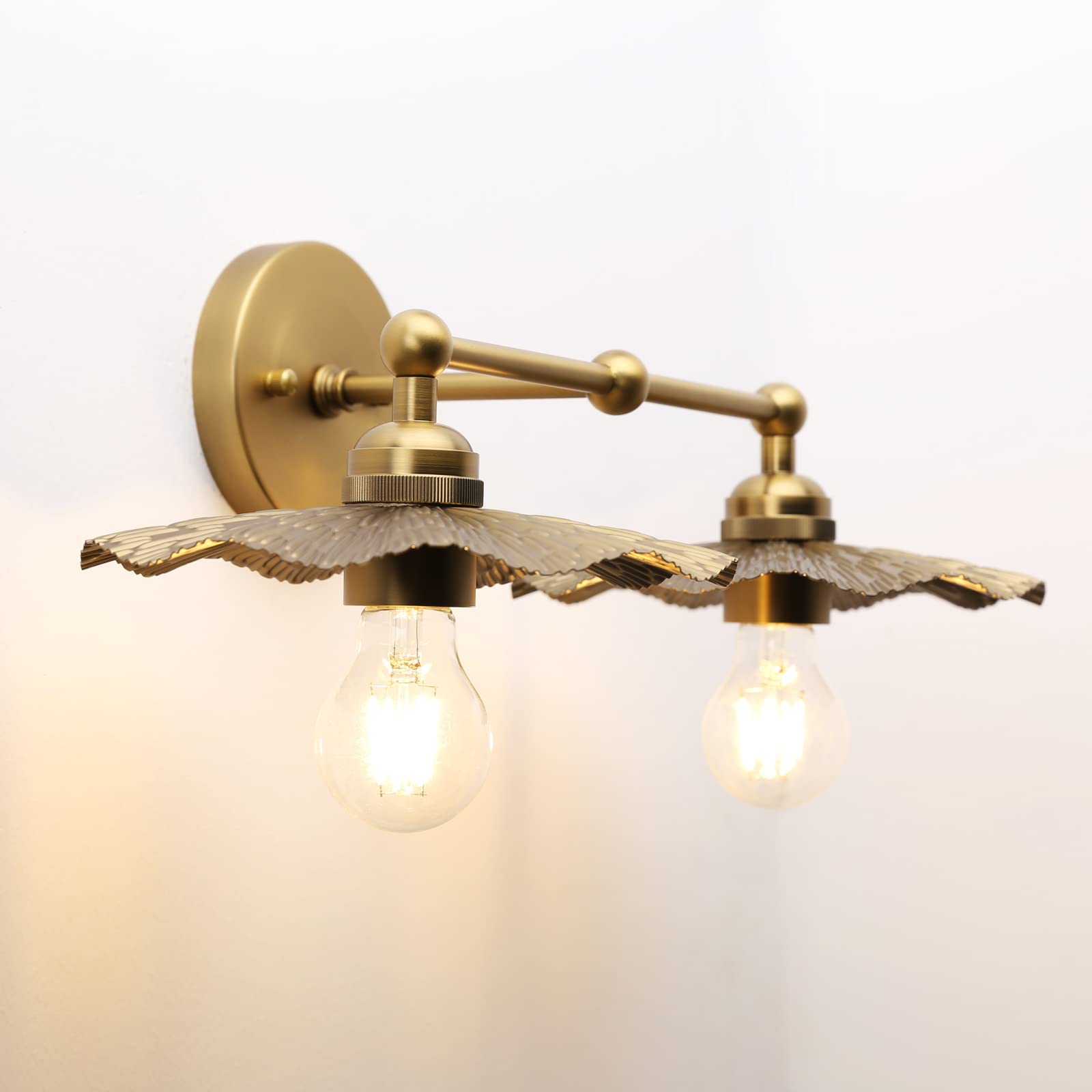 JIMUBEAM Industrial Wall Light Fixture 2-Lights, Antique Brass Flower Rippled Shade Metal Wall Sconces for Bathroom Vanity, Bedroom, Dining Room, Living Room, Farmhouse, Stairs, Hallway