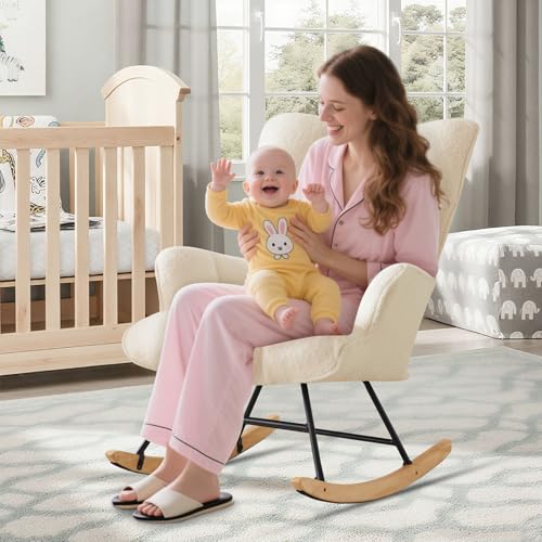 Zedachica Rocking Chair Nursery Teddy Rocking Accent Chair Upholstered Glider Rocker Armchair Comfy Side Chair Padded Seat with High Back for Living Room Bedroom Offices (Ivory)