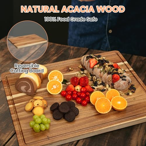Garvee Large Acacia Wood Cutting Board 61x46cm, 3cm Thick Reversible Wooden Chopping Board with Deep Juice Groove & Handles, Edge Grain Butcher Block Board for Meat, Vegetables, Fruit