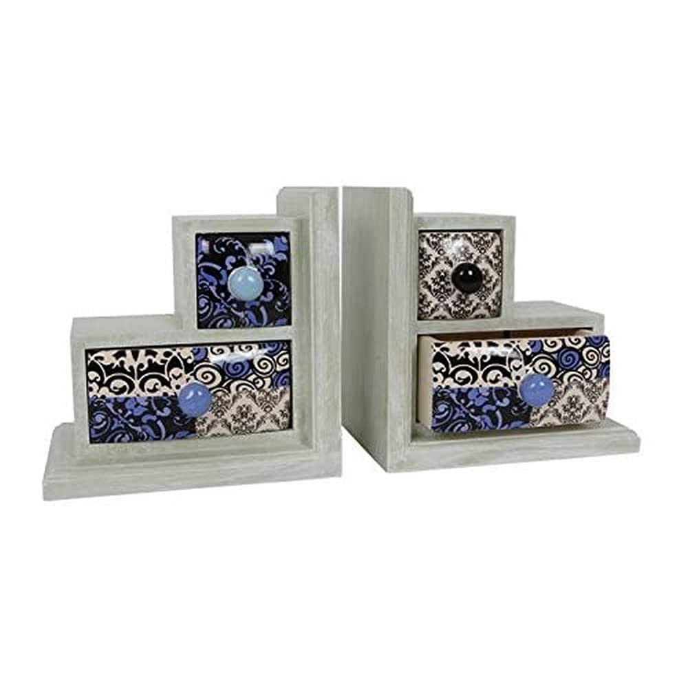 Set of 2 Decorative Bookends with ceramic drawers for storing pens, jewellery etc