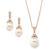 Mariell Pearl Drop Bridal Necklace Earrings Set with CZ Crystals for Bride, Bridesmaid, Birthday Gift
