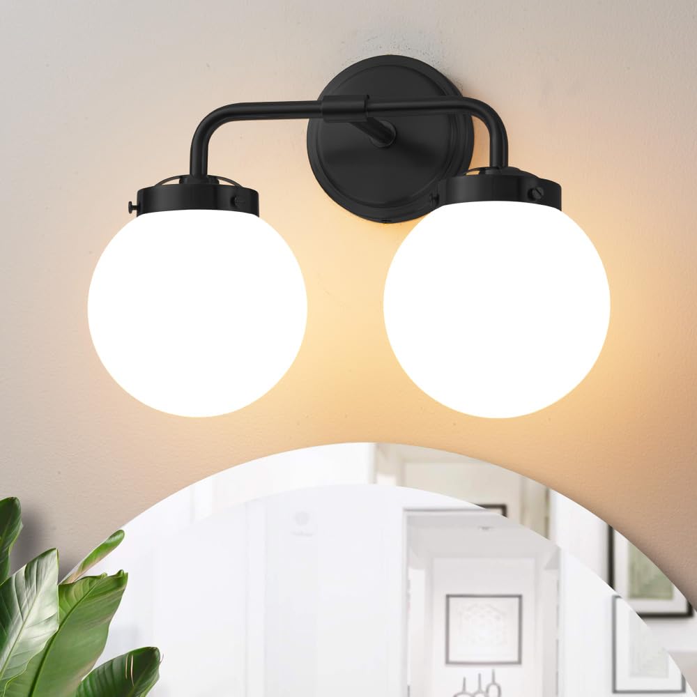 Photo 1 of Deyidn Black Bathroom Light Fixtures Over Mirror, Modern Vanity Lighting with Milk White Glass Globe Shades 2-Light Farmhouse Wall Sconce