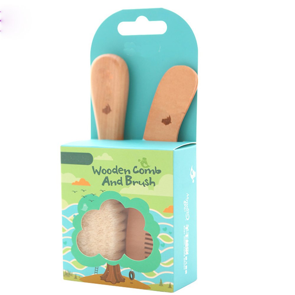 TAMUME Easy Grip Soft Goat Hair Baby Brush and Comb Set, Organic Wooden Brush Massager, Natural Wooden Hair Comb (Brush Set)