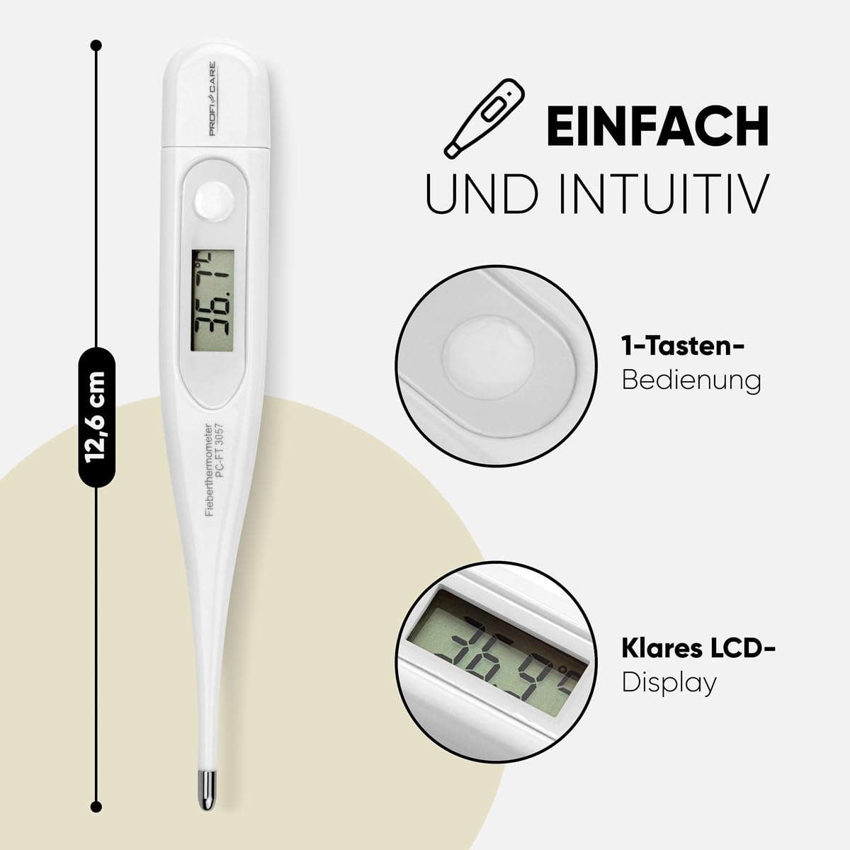 ProfiCare Thermometer | Fieberthermometer | antibakterielles Fieberthermometer | oral, Achselhöhle, rektal | LCD-Display | Spritzwassergeschützt | klein | ideal für unterwegs | PC-FT 3057 weiß 3