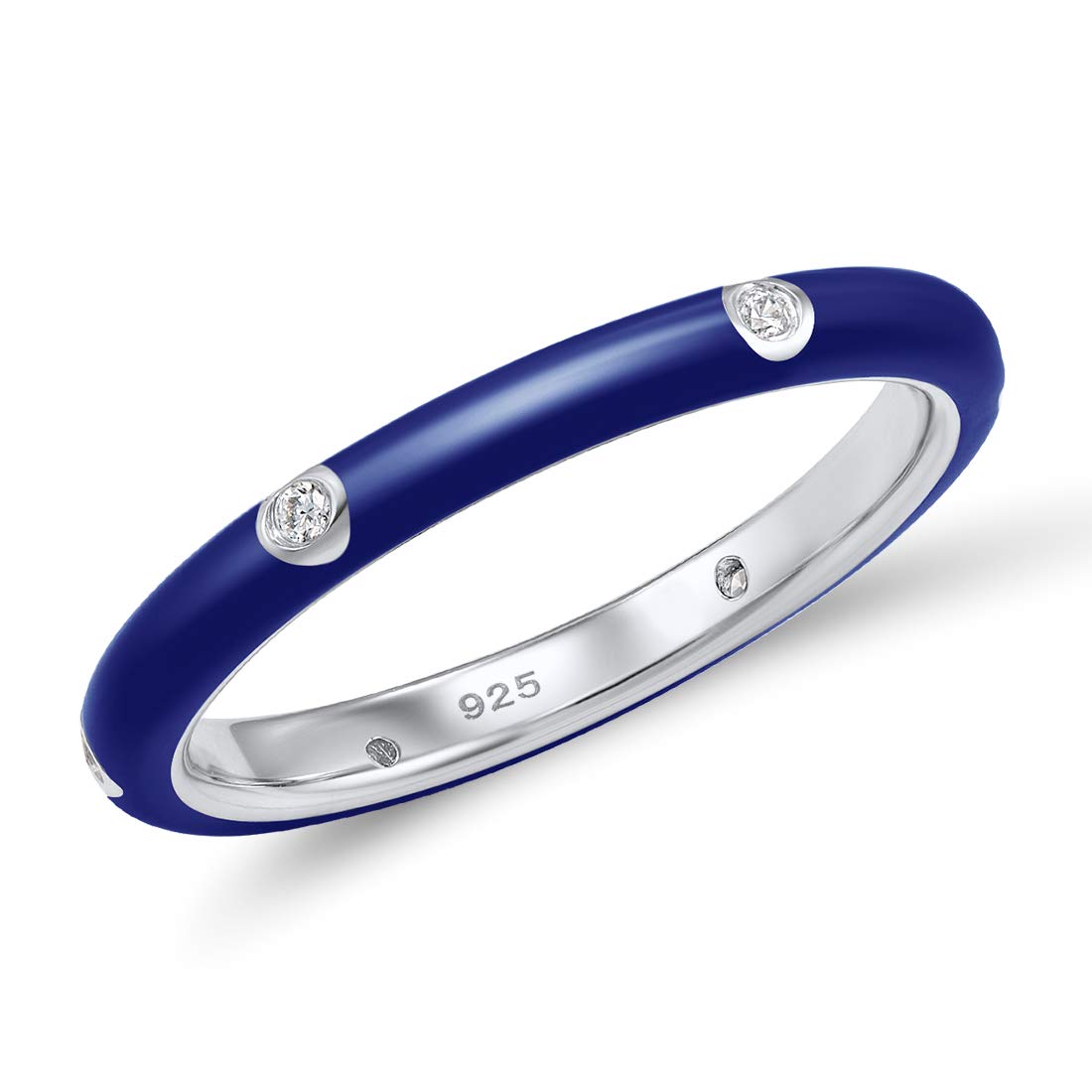 Santuzza 925 Sterling Silver Enamel Stackable Ring Cubic Zirconia Eternity Stacking Ring for Women (Navy Blue,9)