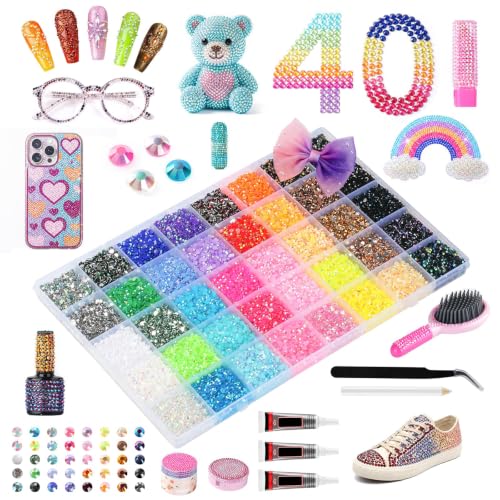 40000Pcs 40 Colors Resin Jelly Rhinestones Kit, 3mm Flatback Rhinestones with 3Pcs B7000 Jewelry Glue & Tools, Bedazzler Kit for DIY Arts & Crafts Gifts (40)