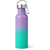 Volhoply 26oz Uninsulated Single Walled Water Bottle, Stainless Steel Reusable Water Bottles with Handle & Carabiner, BPA Free Wide Mouth Water Bottles for Gym Sports Camping（Purple Green,1）