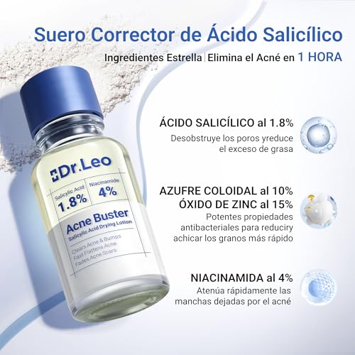 Dr.Leo Suero Anti-Acné con Ácido Salicílico 1.8% Loción secante para granos piel sensible propensa al acné Con Niacinamida alivio rápido atenúa manchas ideal para brotes nocturnos y menstruales 20 ml