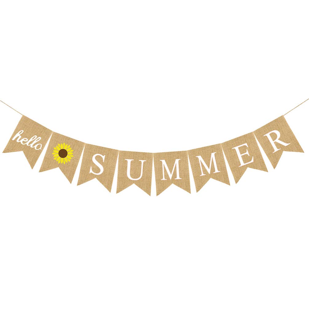 PRETYZOOM Hello Summer Burlap Banner Rustic Sun Flower Summer Hanging Garland Hawaii Summer Beach Party Bunting for Indoor Outdoor Fireplace Decoration