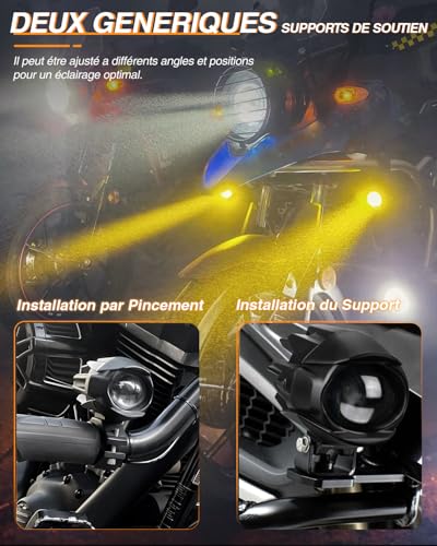 BraveWAY 60W 18000LM Motorcycle Additional Lights Upgraded LED Auxiliary Fog White Amber Waterproof 9 Modes Strobe Wiring Harness Kit Plug and Play and 2 Mounting Brackets