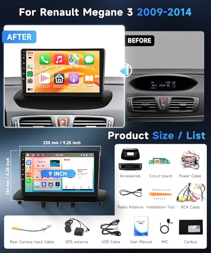 6G+128G 8 Cores Rimoody Car Radio for Renault Megane 3 2009-2014 9'' Touch Screen Android Stereo Auto with Carplay Android Auto Wireless Mirror Link Bluetooth FM/RDS/EQ/DSP WiFi GPS SWC Reversing Camera