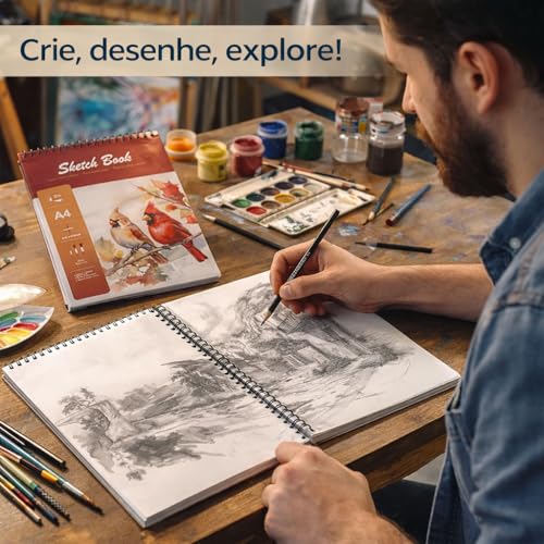 Sketchbook Profissional para Desenho Artístico – Caderno de Desenho com Papel A4 Gramatura 160g/m² 24 Folhas Premium para Esboços, Ilustrações, Croquis, Mangá e Anotações Criativas