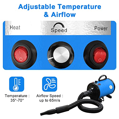 Gluckluz Pet Hair Dryer Blower Blowing Machine Hair Drying for Dog Cat Grooming Fur Blaster High Velocity Powerful Hairdryer with 3 Nozzles (Blue)